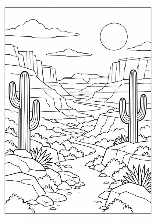 Paysage de désert et cactus : dessin noir et blanc à colorier