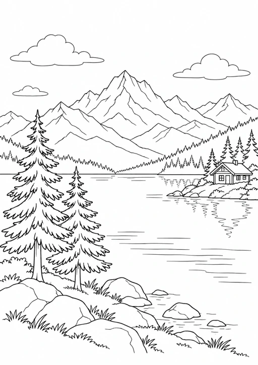 Paysage de montagnes et lac : dessin au trait noir à colorier