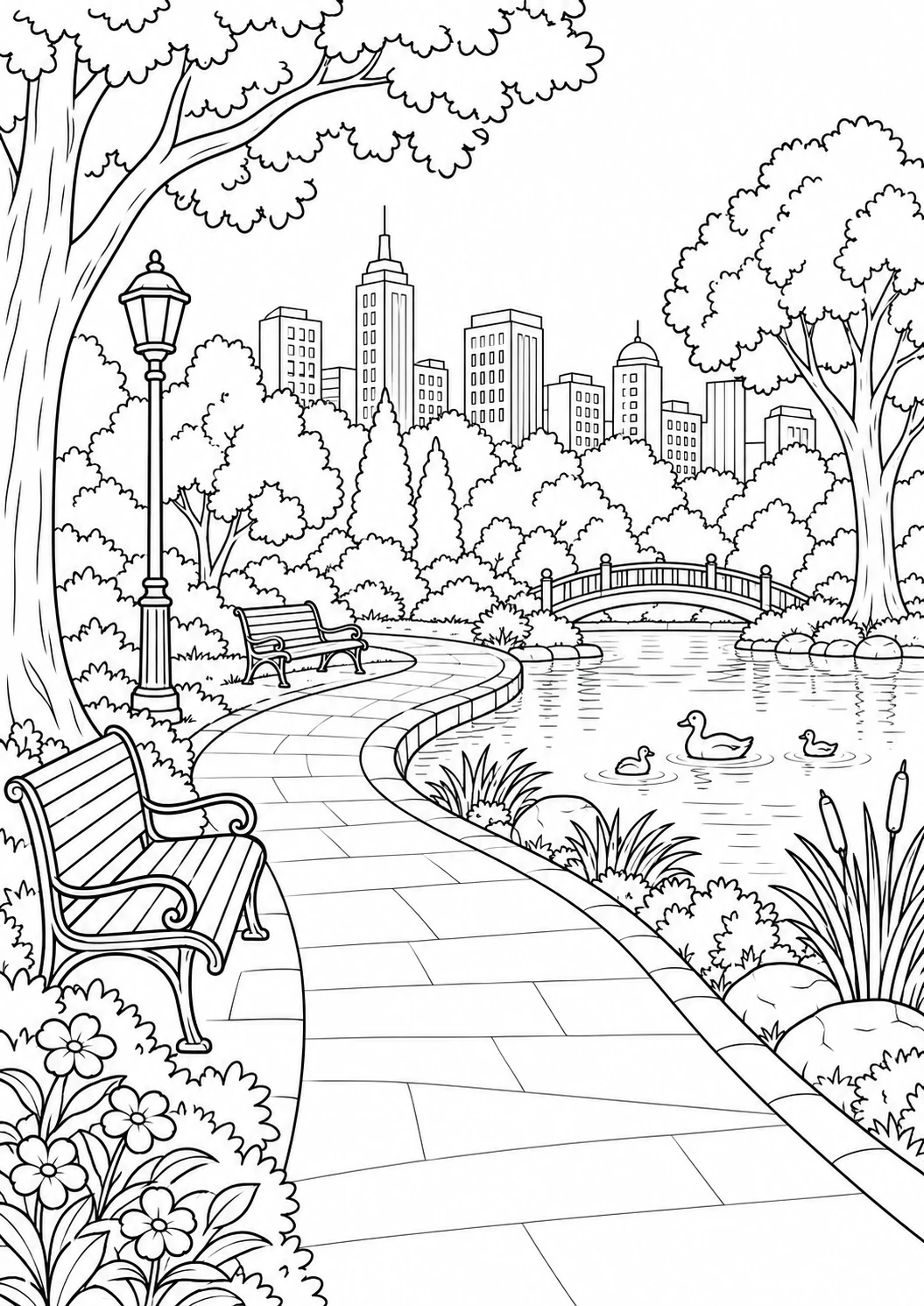 Paysage de parc en ville : dessin en noir et blanc à colorier