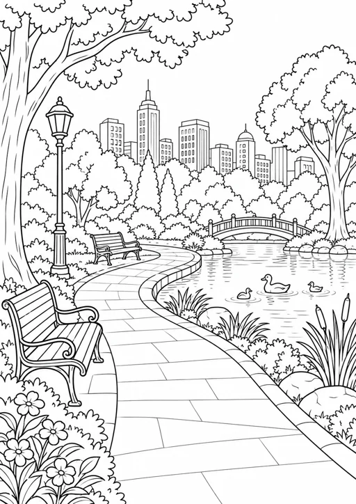 Paysage de parc en ville : dessin en noir et blanc à colorier