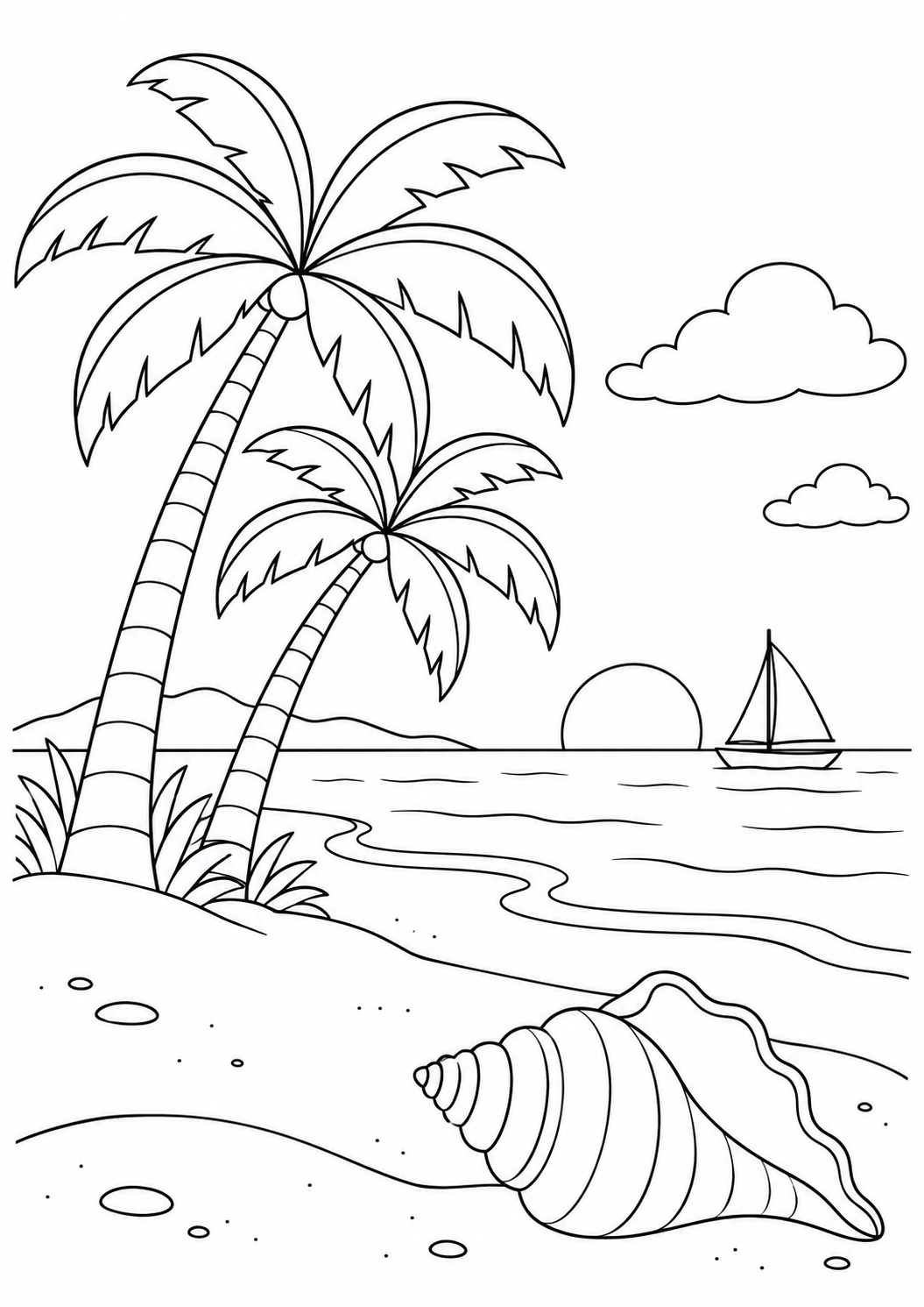 Paysage de plage et palmiers : dessin au trait noir à colorier