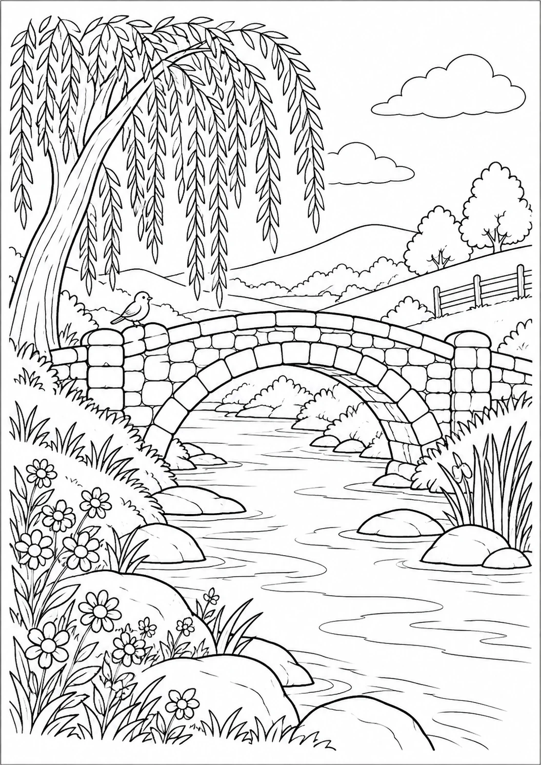 Paysage de rivière et pont : dessin en noir et blanc à colorier