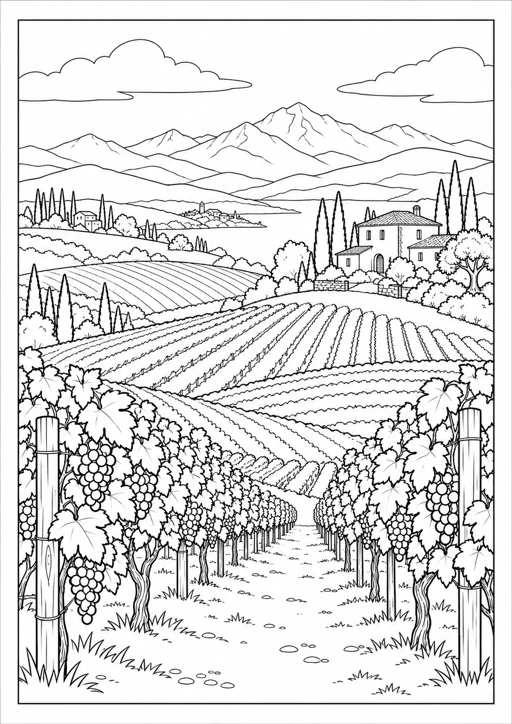 Paysage de vignes et collines : dessin noir et blanc à colorier