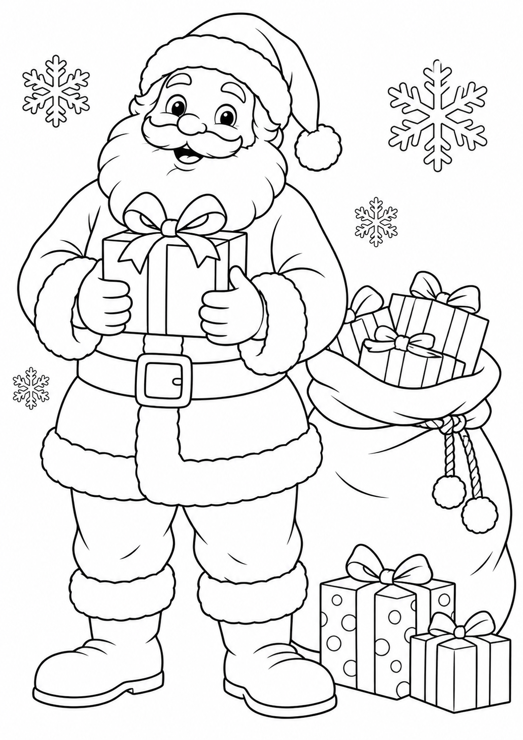 Père Noël tenant un paquet près d’un sac de cadeaux, avec des flocons, coloriage à imprimer.