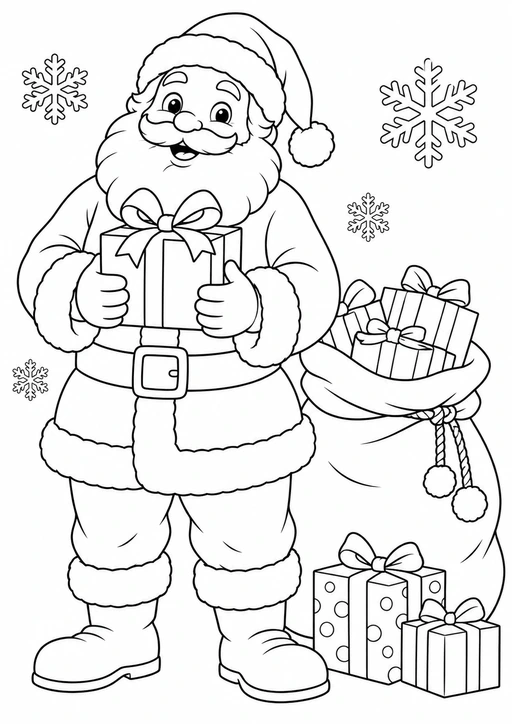 Père Noël tenant un paquet près d’un sac de cadeaux, avec des flocons, coloriage à imprimer.