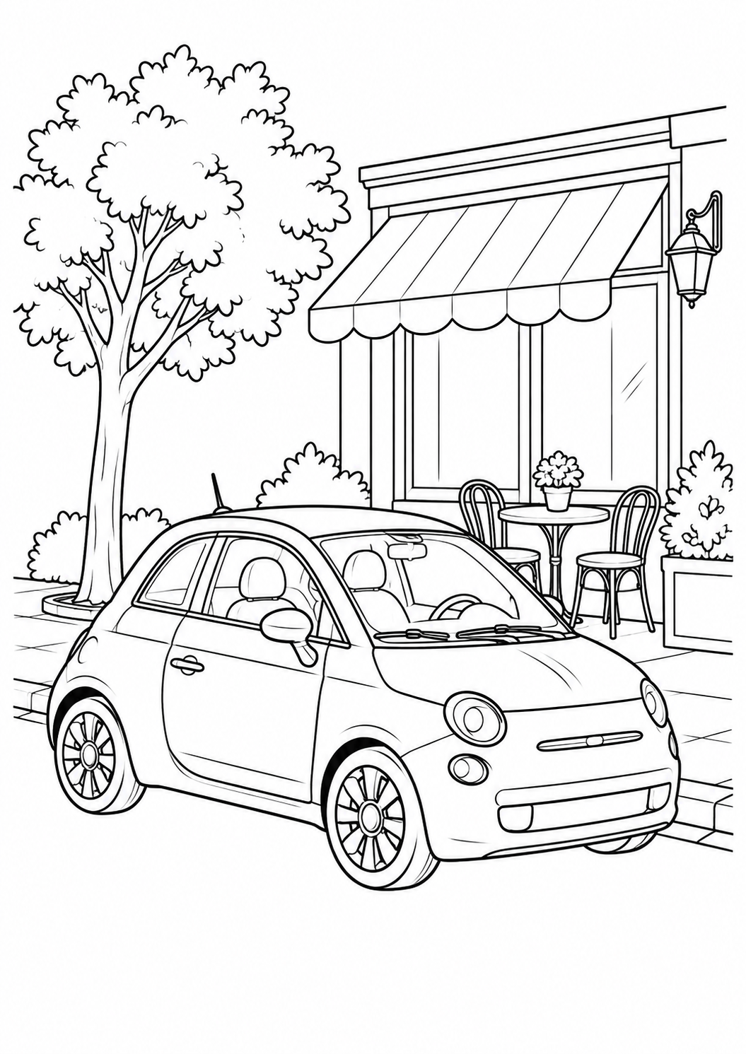 Petite voiture en ville : dessin noir et blanc à colorier