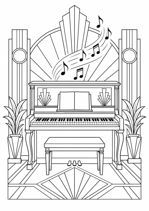 Piano et notes de musique : dessin noir et blanc à colorier
