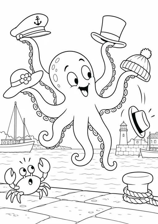 Pieuvre aux chapeaux farfelus : dessin noir et blanc à colorier