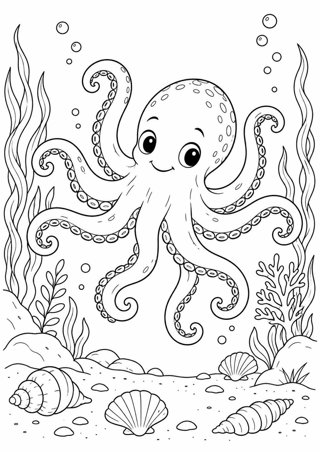 Pieuvre et coquillages : dessin noir et blanc à colorier