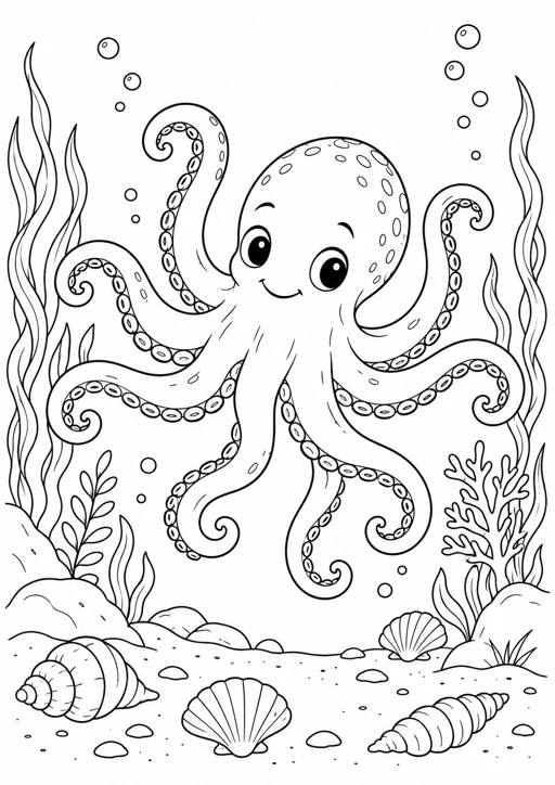 Pieuvre et coquillages : dessin noir et blanc à colorier