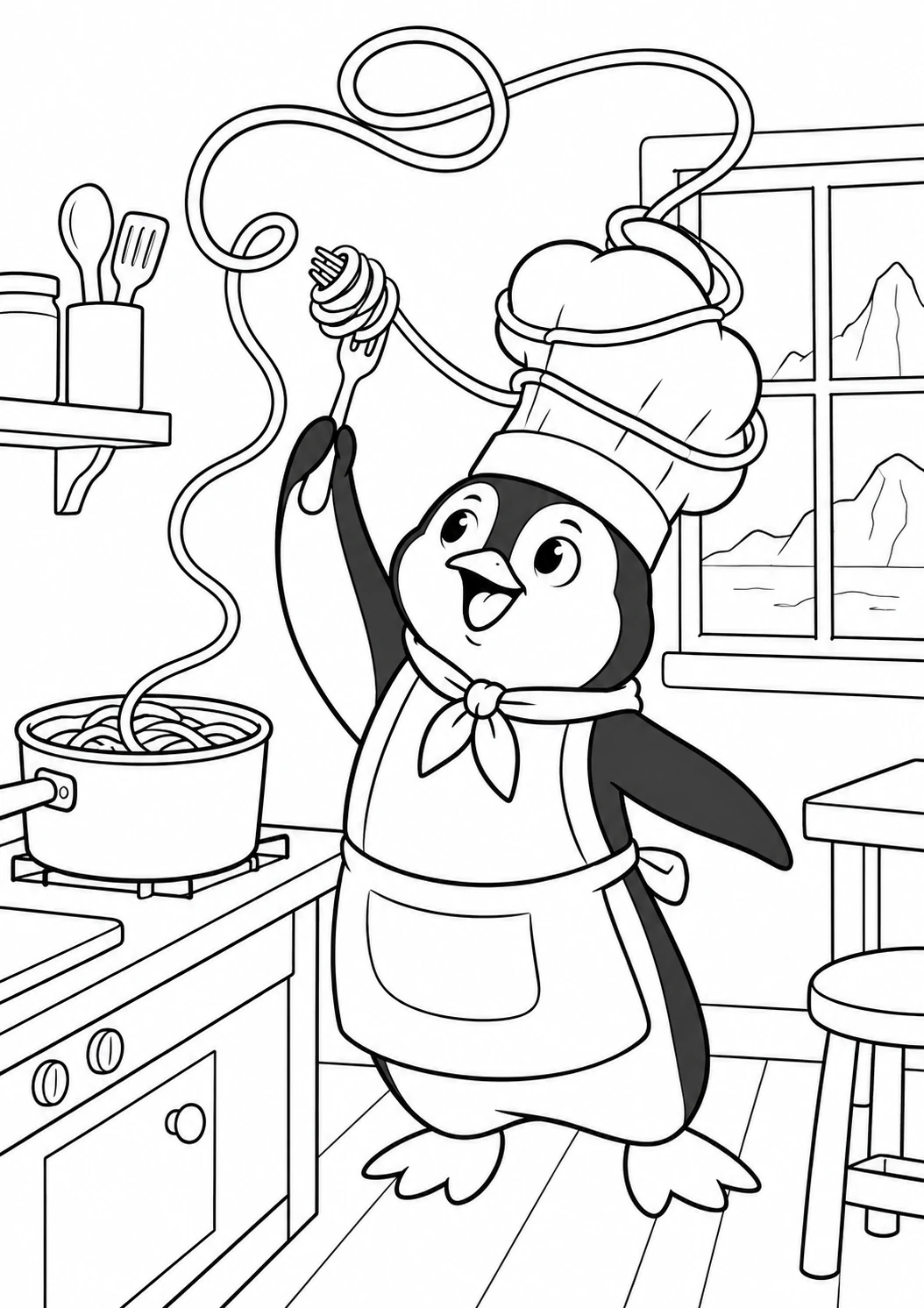 Pingouin chef et spaghettis : dessin noir et blanc à colorier