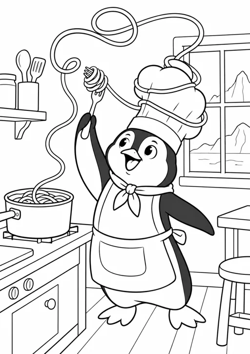 Pingouin chef et spaghettis : dessin noir et blanc à colorier