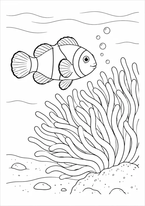 Poisson-clown et anémone : dessin en noir et blanc à colorier