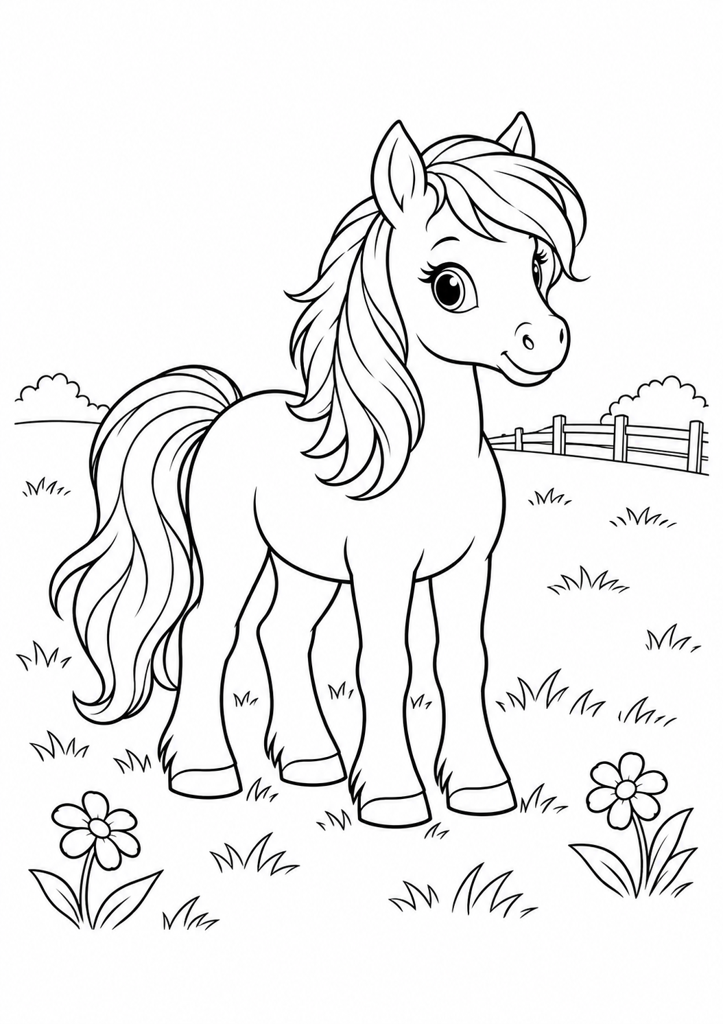 Poney dans la prairie : dessin noir et blanc à colorier