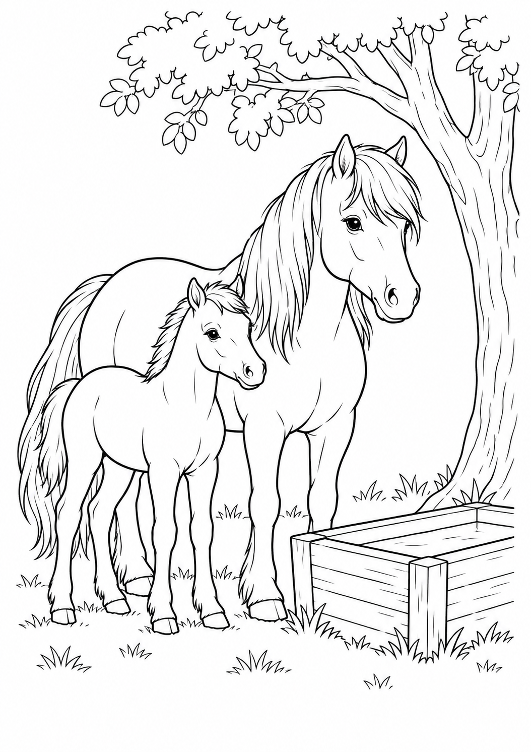 Poney et son poulain : dessin noir et blanc à colorier
