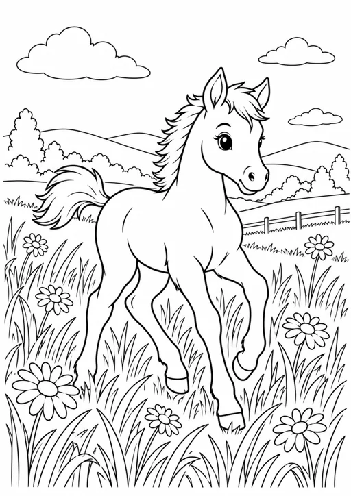 Poulain dans la prairie : dessin en noir et blanc à colorier