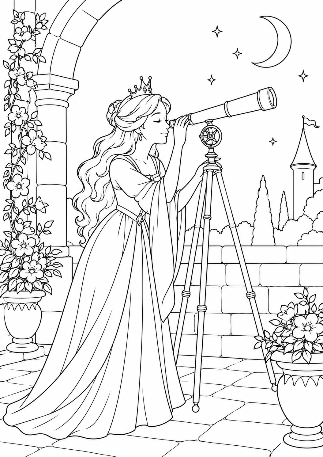 Princesse astronome au château : dessin noir et blanc à colorier