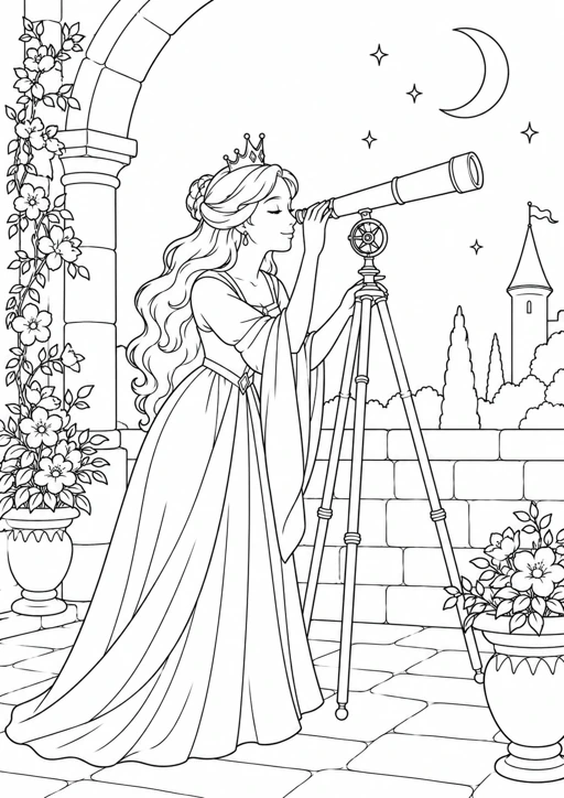 Princesse astronome au château : dessin noir et blanc à colorier