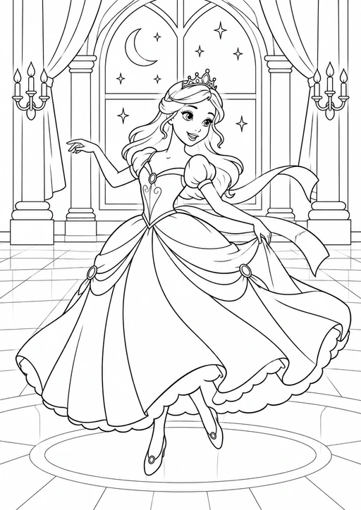 Princesse dansant en robe de bal devant une fenêtre avec une lune et des étoiles, dessin noir et blanc.