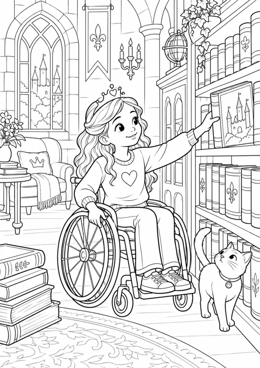 Princesse à la bibliothèque : dessin en noir et blanc à colorier