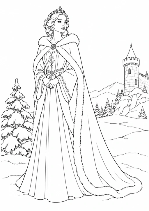 Princesse en cape d’hiver : dessin noir et blanc à colorier