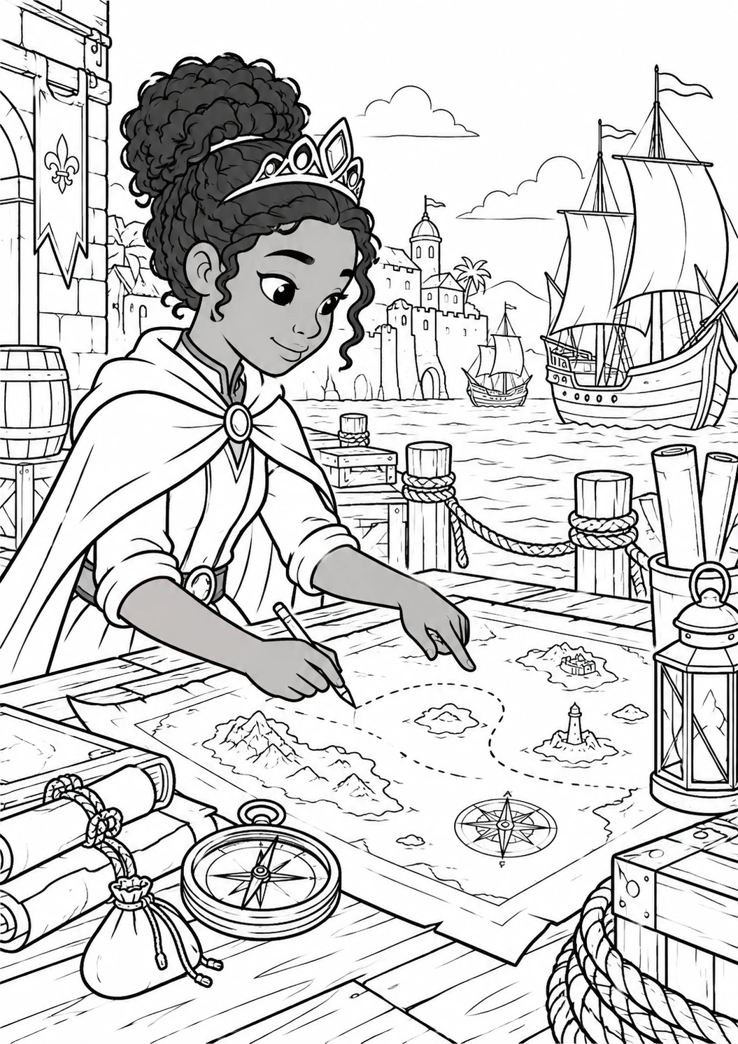 Princesse cartographe au port : dessin en noir et blanc à colorier