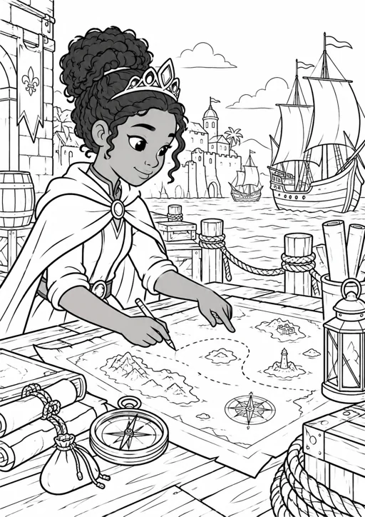 Princesse cartographe au port : dessin en noir et blanc à colorier