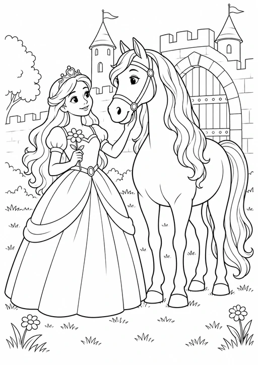 Princesse tenant une fleur à côté de son cheval devant une porte de château, coloriage noir et blanc.
