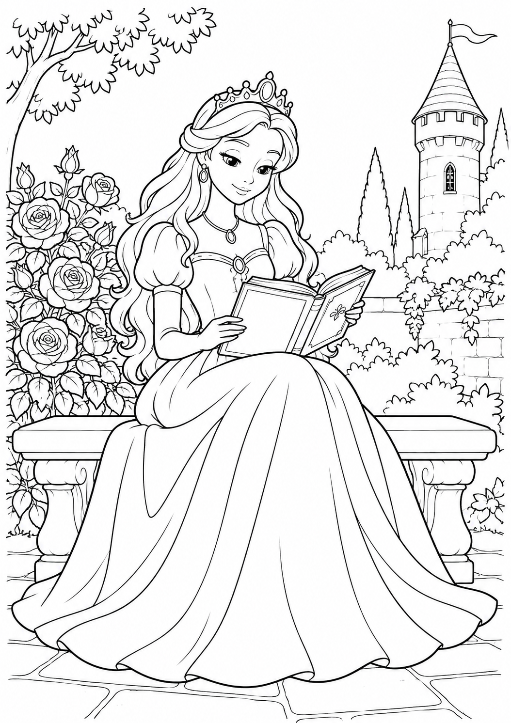 Princesse assise sur un banc lisant un livre, avec des roses et une tour de château à colorier.
