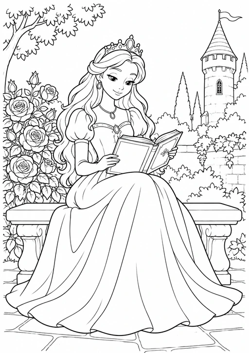 Princesse assise sur un banc lisant un livre, avec des roses et une tour de château à colorier.