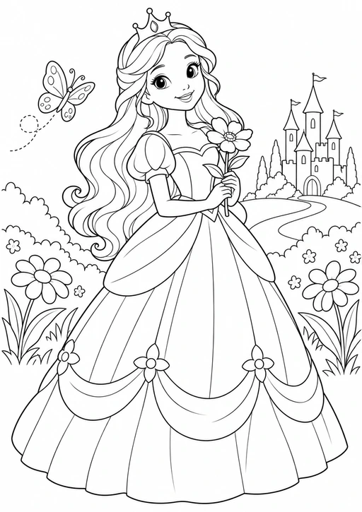 Coloriage noir et blanc d’une princesse portant une couronne et tenant une fleur devant un jardin et un château.