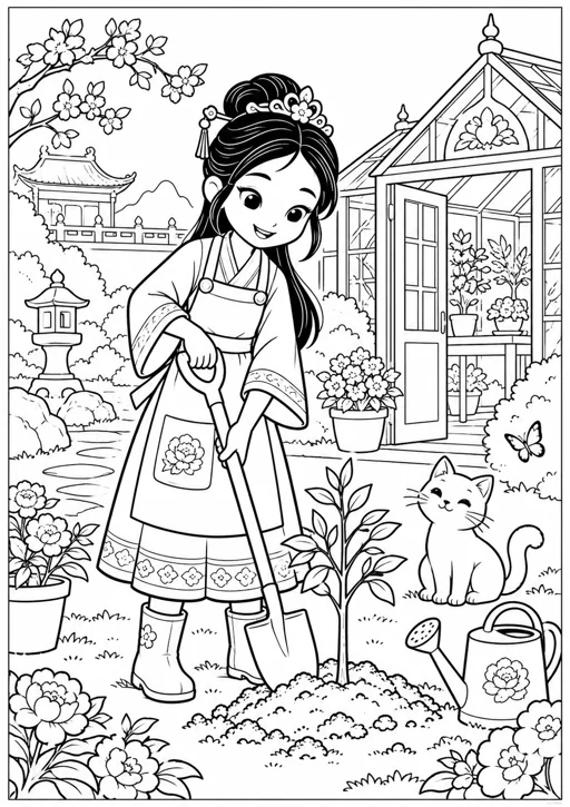 Princesse jardinière : dessin en noir et blanc à colorier