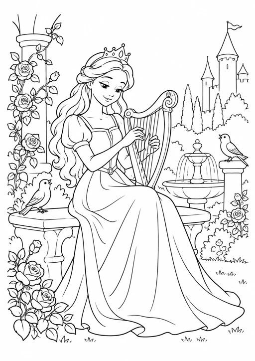 Princesse musicienne à la harpe : dessin noir et blanc à colorier