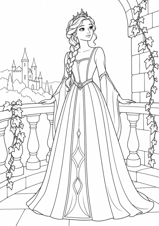 Princesse à la tresse sur le balcon : dessin noir et blanc à colorier