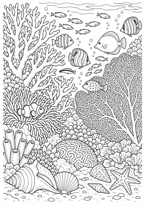Récif de corail et poissons : dessin noir et blanc à colorier