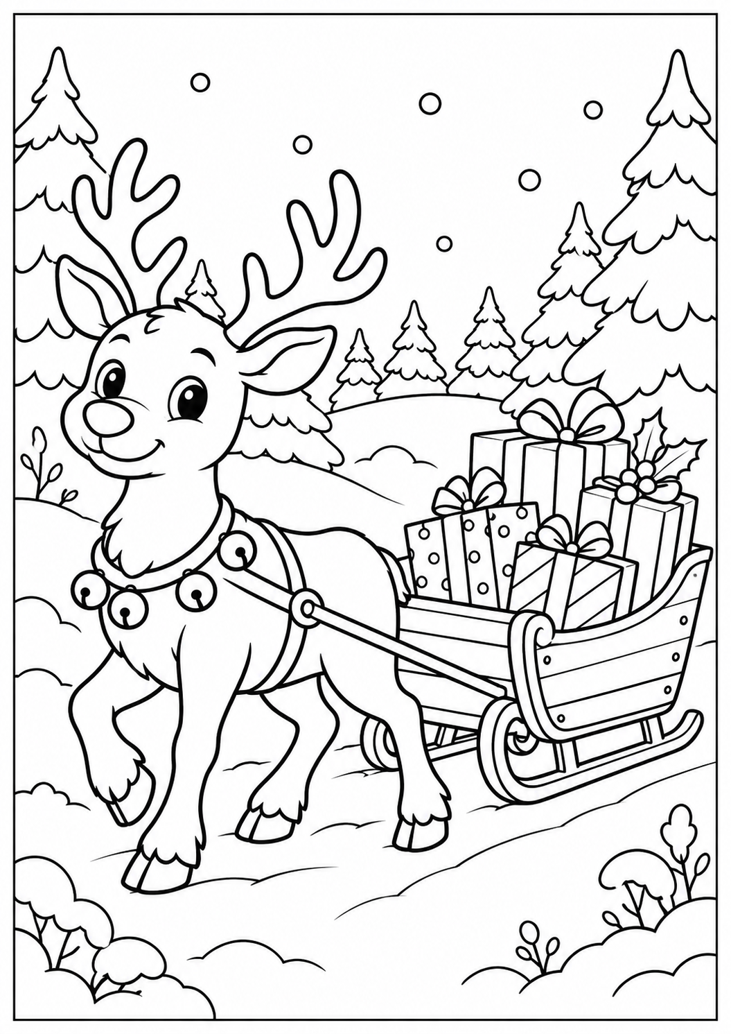 Renne et petit traîneau de Noël : dessin noir et blanc à colorier