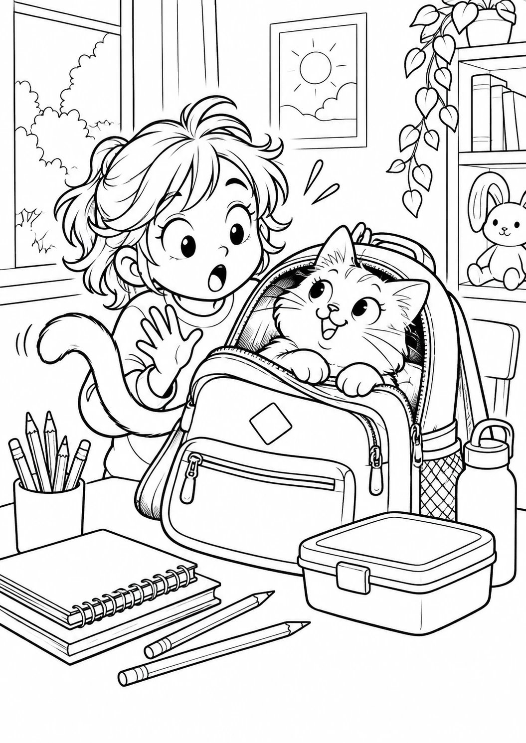 Chat caché dans le cartable : dessin noir et blanc à colorier