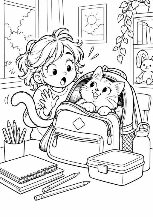 Chat caché dans le cartable : dessin noir et blanc à colorier