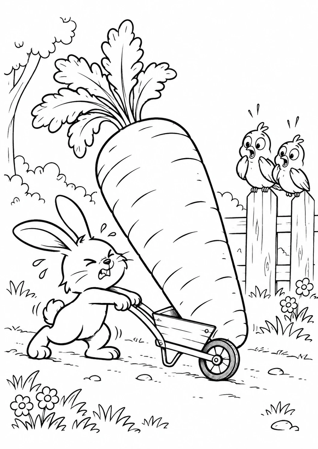 Lapin et carotte géante : dessin noir et blanc à colorier