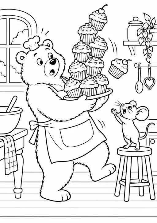 Ours pâtissier et gâteaux qui tombent : dessin noir et blanc à colorier