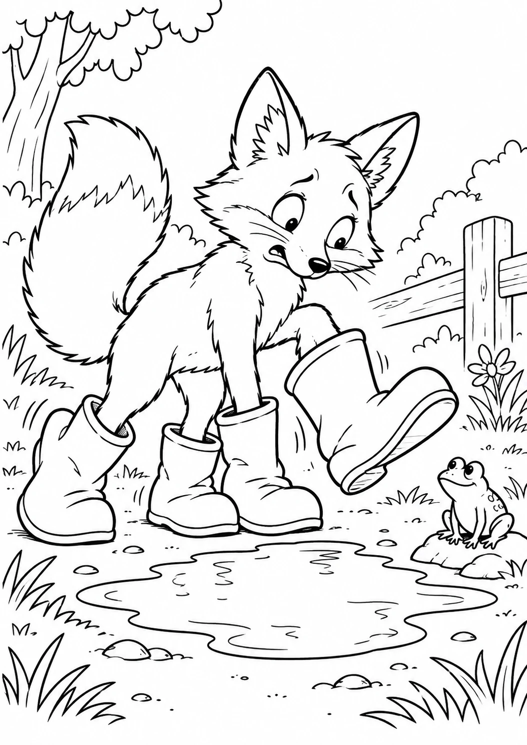Renard aux bottes trop grandes : dessin noir et blanc à colorier