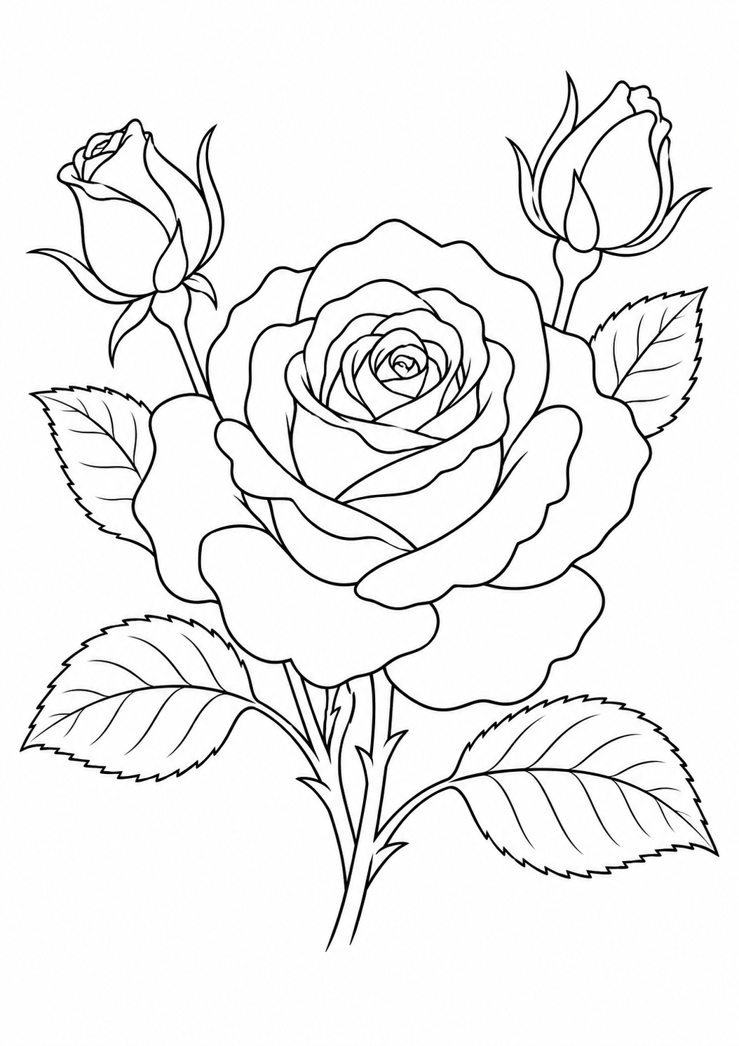 Rose et boutons : dessin noir et blanc à colorier