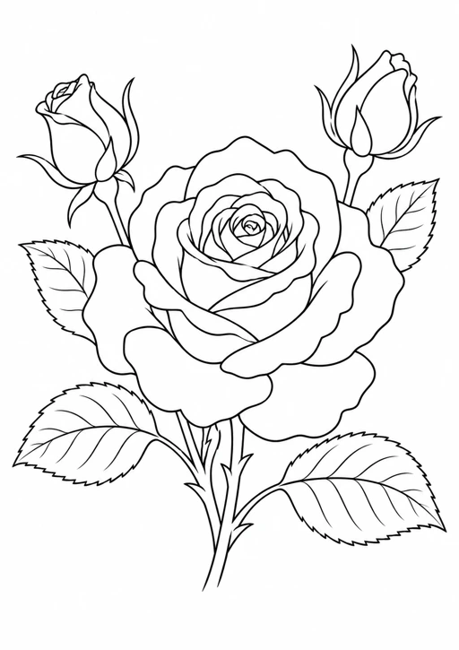 Rose et boutons : dessin noir et blanc à colorier