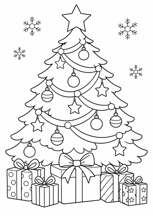 Sapin de Noël avec des boules, des étoiles, des guirlandes et des cadeaux, dessin noir et blanc.