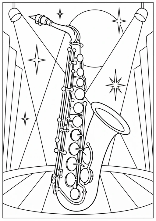 Saxophone sur scène : dessin noir et blanc à colorier