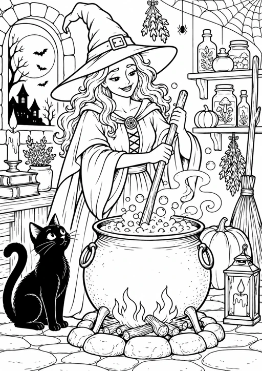 Sorcière et chat d’Halloween : dessin noir et blanc à colorier