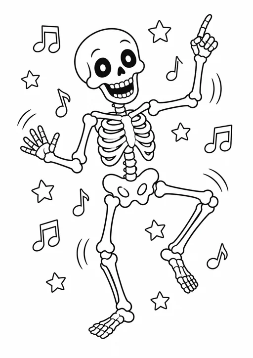 Squelette qui danse : dessin en noir et blanc à colorier
