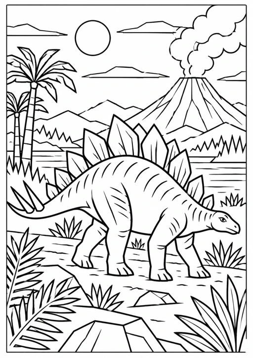Stégosaure et volcan : dessin noir et blanc à colorier