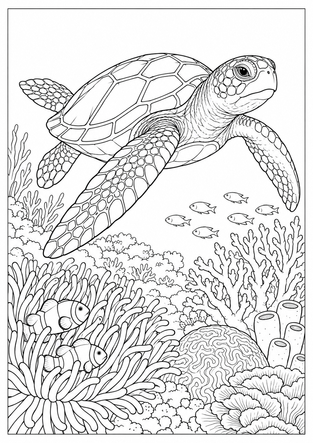 Tortue au-dessus du récif : dessin noir et blanc à colorier