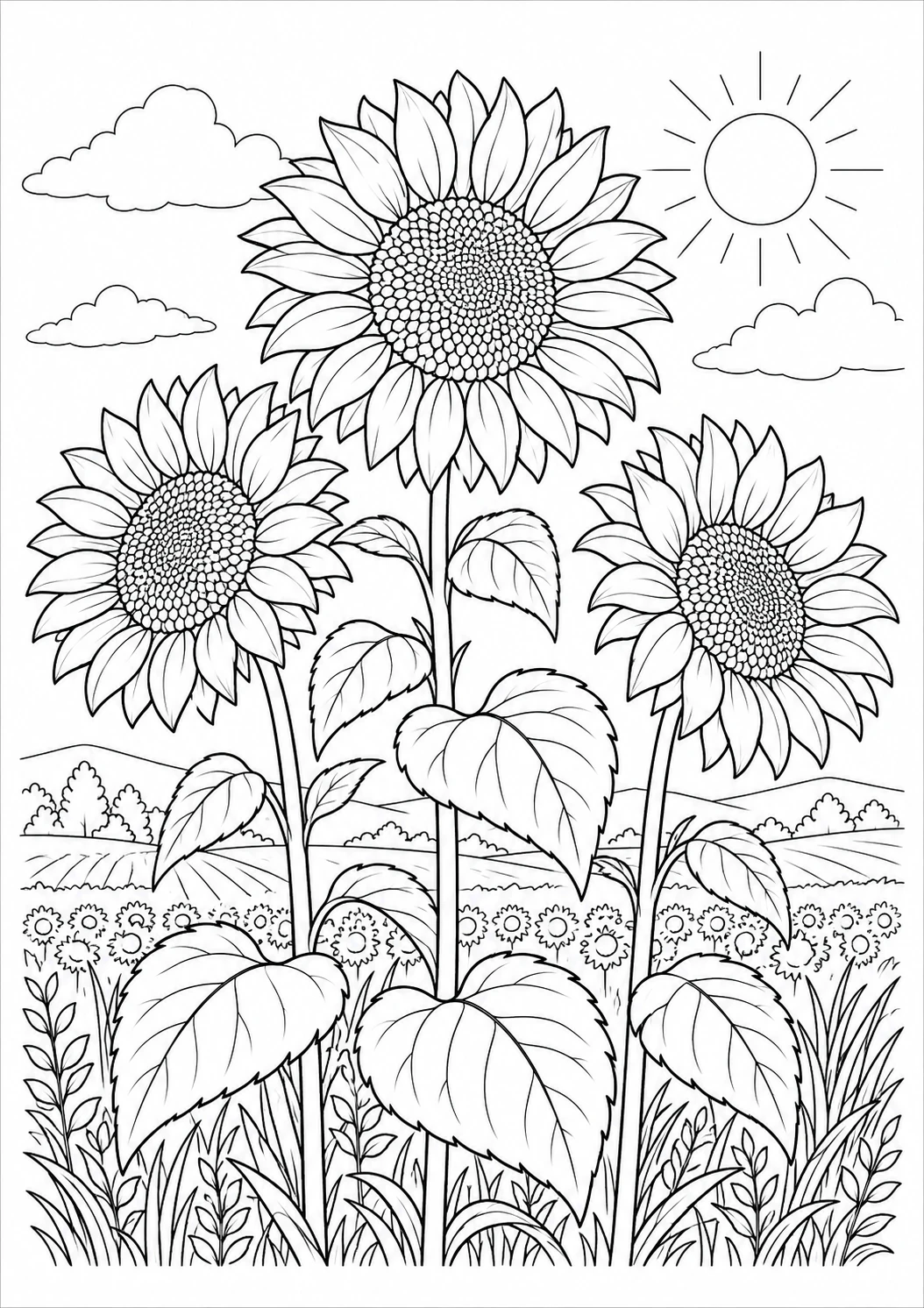 Tournesols dans le champ : dessin en noir et blanc à colorier